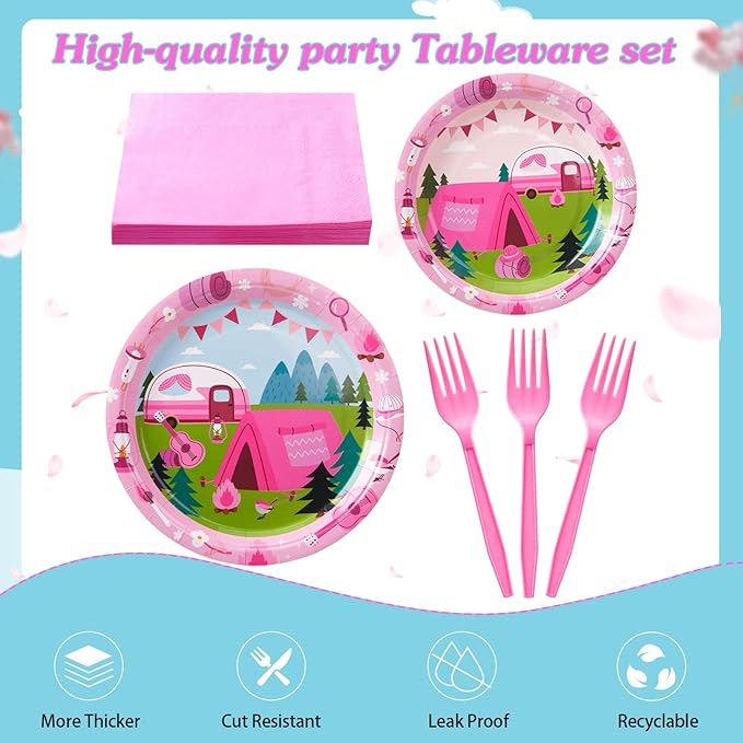 Zubebe 120 Pcs Pink Camping Party Supplies for 24 Guests: 48 Plates, 24 Cups, 24 Napkins, 24 Forks - Camping Theme, Disposable, Lightweight