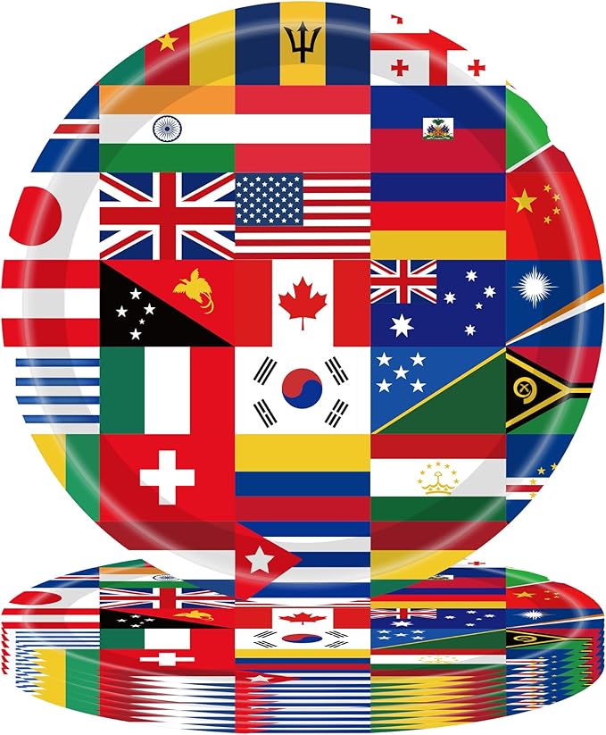 20Pcs 9 Inch Party Plates World Flags Disposable Paper Plates Word Flags Decorations Paperplates, for Global Festival,Travel Trip Around the Globe Retirement Party