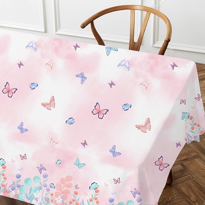 Gatherfun Butterfly Disposable Tablecloth, Plastic Table Cover for Kid’s Birthday Party, 3 PCS, 54”x 108”