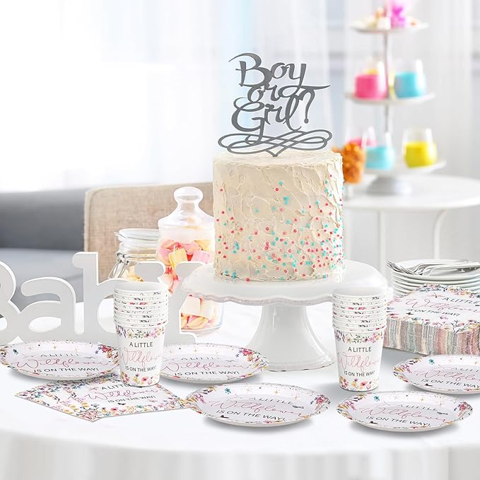 Hushee 200 Pcs Baby in Bloom Baby Shower Paper Plates Napkins Cups Wildflower Party Supplies Tableware Set a Little Wildflower Is on The Way Disposable Plates for 50 Guest Spring Summer Party Decor