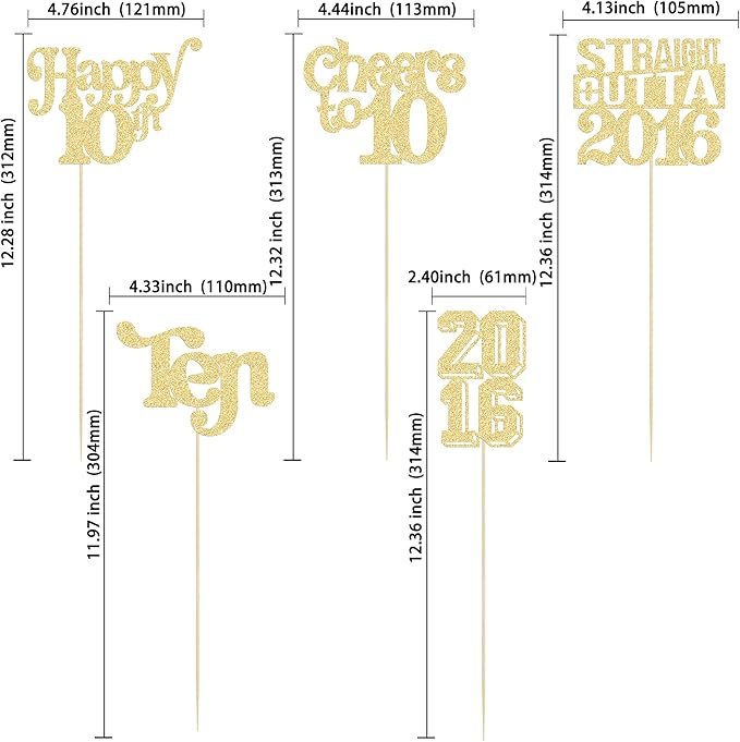 Gyufise 15Pcs Happy 10th Birthday Centerpiece Sticks Ten Straight Outta 2016 Table Flower Centerpieces Sticks Cheers to 10 Decorations for 10th Birthday Party Supplies Gold