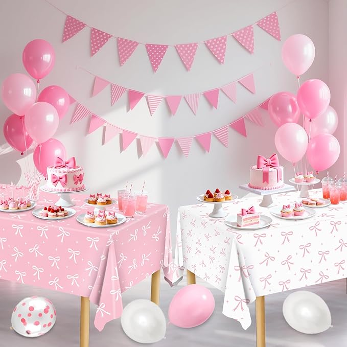 Bow Birthday Decorations, 2PCs Pink-bow Tablecloths Plastic Tablecloth Ideal Table Cover for Bow Themed Party Decorations Themed Parties Girls’ Parties Coquette Birthday Decoration, 54x108Inch