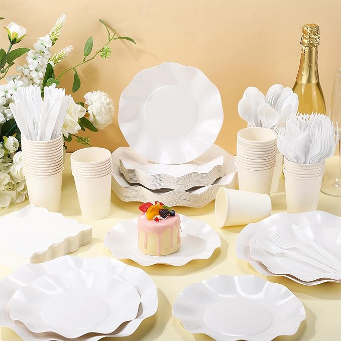 350 Pcs Scallop White Party Supplies, 50 Guests Disposable Paper Plates Paper Cups Cutlery Napkins Dinnerware Set for Wedding, Birthday, Baby Shower, Outdoor (scallop Wave 2, White)