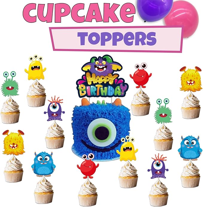 Monster Party Supplies, Monster Birthday Decorations - Monster balloons, paper plates, napkins, cups, cupcake & cake toppers, birthday banner, tattoos