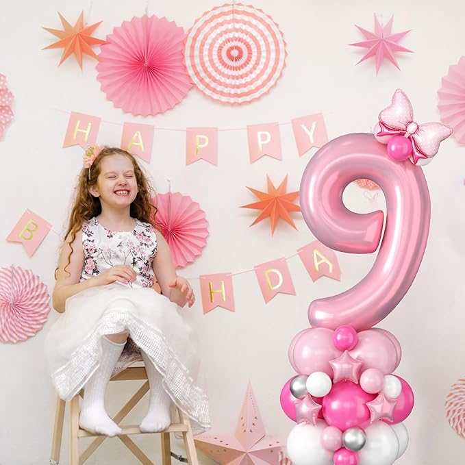 40 Inch Pink Number 9 Balloon for 9th Birthday Decoration Pastel Baby Pink Number Nine Foil Balloon Tower Giant Large Digit Hot Pink White Helium Balloons Stack Stand for Girls Anniversary Party