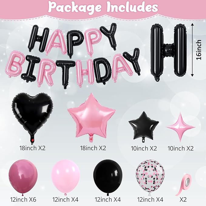 Pink and Black Birthday Decorations for Girls Women Hot Light Baby Pink Black Balloons Confetti Party Balloon Happy Birthday Banner Heart Balloons 18/10 Inch Star Balloon for Bday Party Supplies