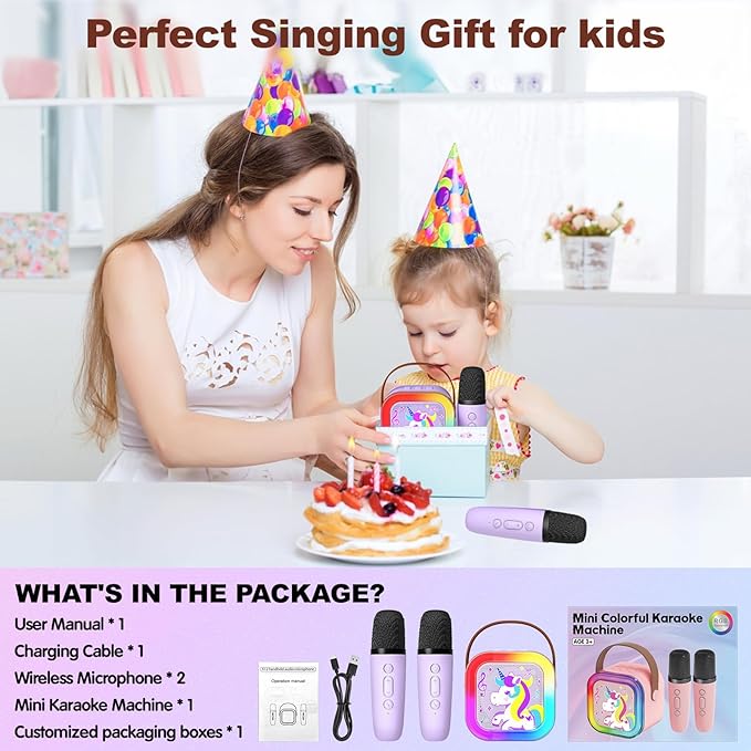 Mini Karaoke Machine with 2 Microphones, Singing Toys for Ages 3, 4, 5, 6, 7, 8 +, Best Gift for Birthday, Party, Christmas | Karaoke Machine for Kids Adults (Purple)