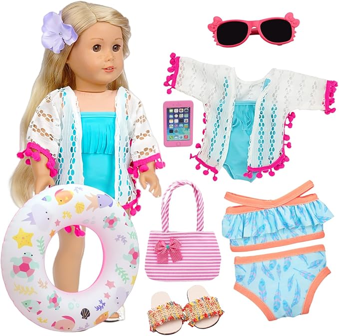 18 Inch American Doll Accessories, Fashion Doll Swimming Play Sets for American 18 Inch Girl Including Clothes Swimsuit Sunglasses Phone Shoes