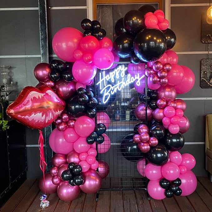 Pink and Black Balloons, 60PCS 12 Inch Hot Pink and Black Balloon Rose Gold Confetti Balloons for Hot Girls Women Birthday Party Baby Bridal Shower Party Decorations