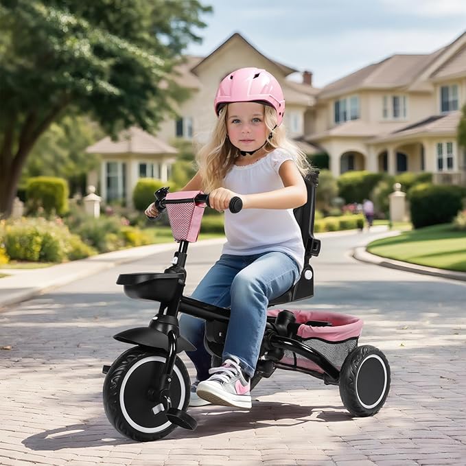 Kinder King Kids Tricycle, 8 in 1 Folding Toddler Trike w/Adjustable Push Handle, Rotatable Seat, Adjustable Canopy, Bell, Five-Point Harness, Storage, Bike Tricycle for Toddlers 1-3, Pink