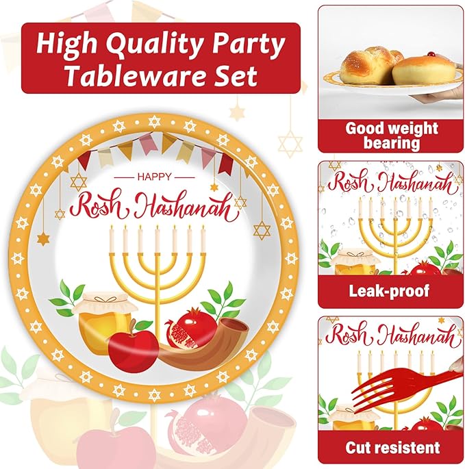 gisgfim 96 Pcs Rosh Hashanah Plates and Napkins Party Supplies Shana Tova High Holy Day Tableware Set Jewish New Year Party Decorations Favors for Kitchen Dining Room Serves 24