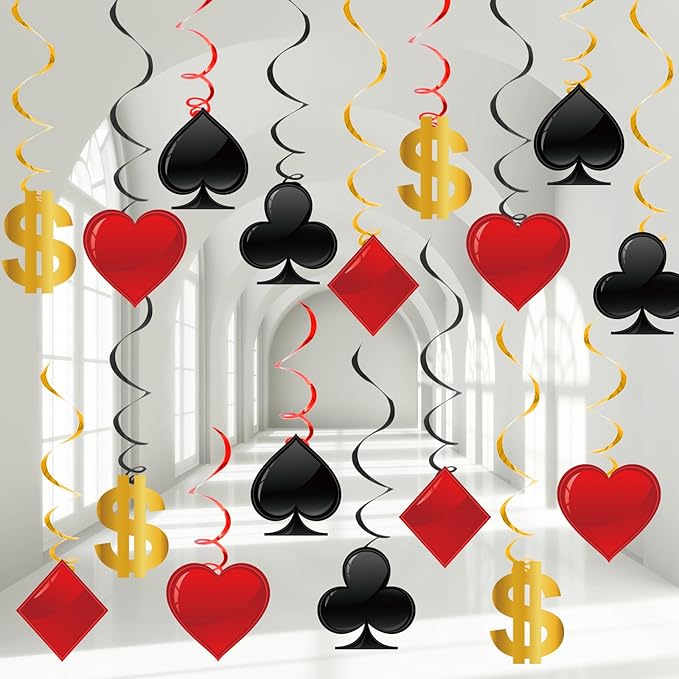 60 Pack Casino Theme Party Decorations Las Vegas Hanging Swirl Red Black Poker Paper Cutouts Party Ceiling for Casino Night Las Vegas Night Baby Shower Birthday Party Supplies Decor Supplies