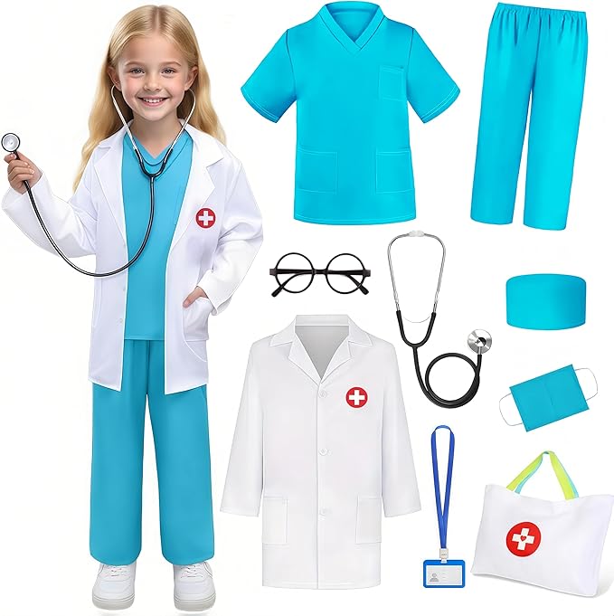Doctor Costume for Kids 9PC Boys Girls Doctor Role Play Outfit with Bag Kids Scrubs Dress Up for Pretend Play