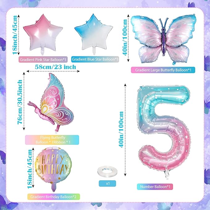 Butterfly Balloons - 5th Birthday Decorations for Girls, Gradient Pink Colorful Foil Balloons, Giant Number 5 Foil Mylar Balloon, 5 Years Old Butterfly Theme Party Supplies