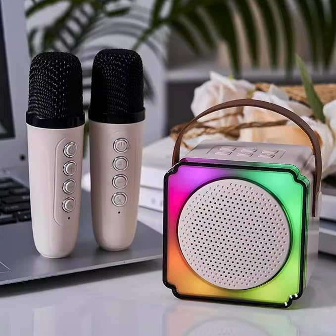 Portable Mini Karaoke Machine for Kids with 2 Wireless Microphones, Bluetooth Speaker, Fun Voice Effects, Lightweight Karaoke Toy for Girls & Boys (Beige)