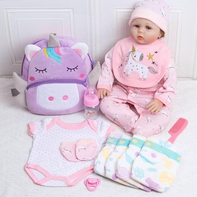 Pedolltree Reborn Baby Dolls Clothes Girl Unicorn Theme Outfit Accessories 13 Pcs for 17-22 Inch Reborn Dolls Newborn Baby Girl with Pink Unicorn Backpack
