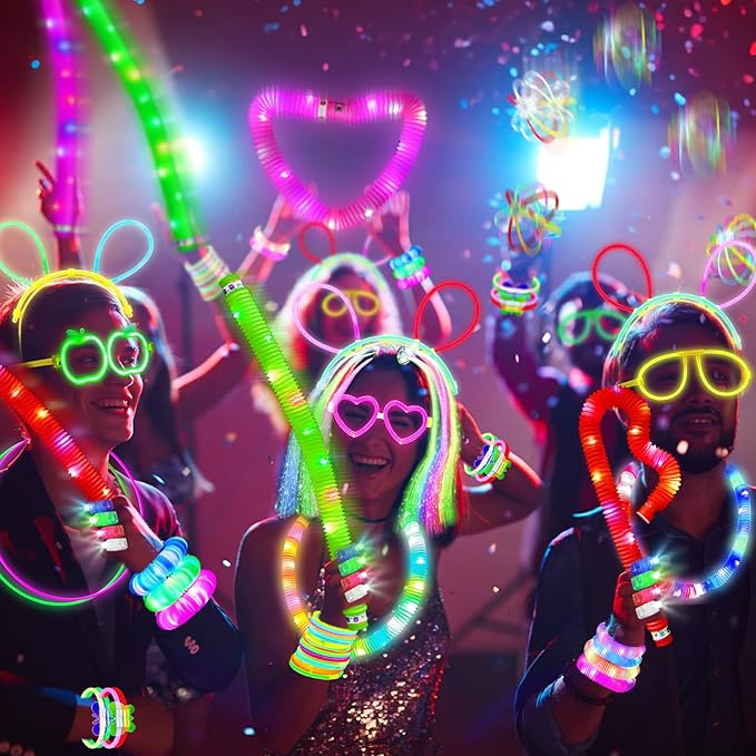 Party Supplies, Glow in the Dark Party Favors for Adults Kids, 27 Carnival Accessories, 56 LED Light Up Toys Bulk, 100 Glow Sticks Party Pack, Neon Party Supplies & Decorations