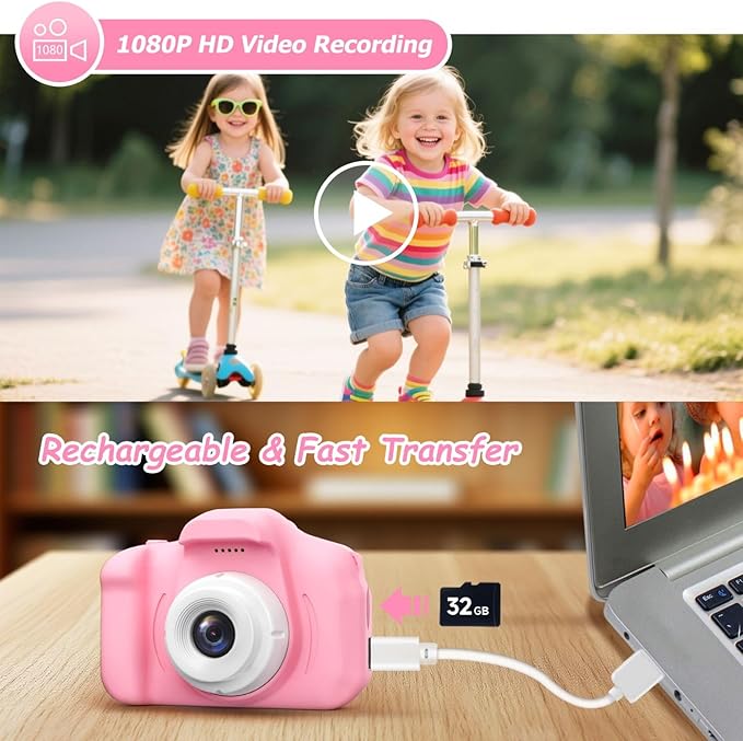 Kids Camera for Girls Toys Gifts, 3 4 5 Year Old Girl Birthday Gifts Small Children Selfie Digital Pink Camera for Kids, for Girls Toy Cameras for Toddlers Age 3-5, 32G SD Card Included