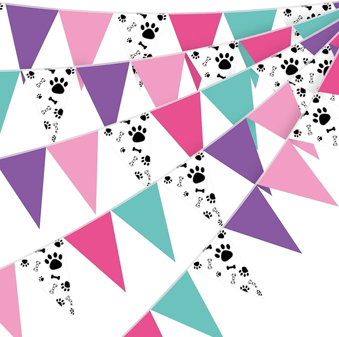 Tiamon 5 Pcs Blue and Pink Dog Paw Birthday Banner Decoration Purple and Puppy Paw Print Pennant Bunting 49.2 Ft Puppy Print Triangle Flag for Boy and Girl Birthday Dog Baby Showers Party Decoration