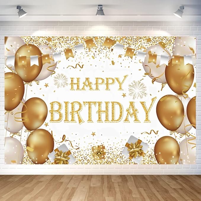 Gold Birthday Party Decoration - Happy Birthday Backdrop & Photo Background Banner Poster - 70.8 x 47.2 Inch