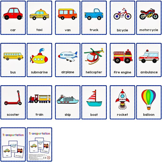 Learning Flashcards Transportation, 18 Different Transportations Educational Cards, Social Learning Card for Kids