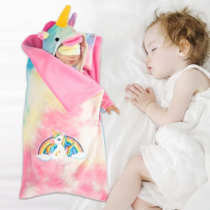 American 18 inch Doll Clothes and Sleeping Bag Set - Rainbow Unicorn Doll Costume with Unicorn Style Sleeping Bag, Pillow, Eye Mask Slumber Party Accessories Fits 18 Inch (NO Dolls)