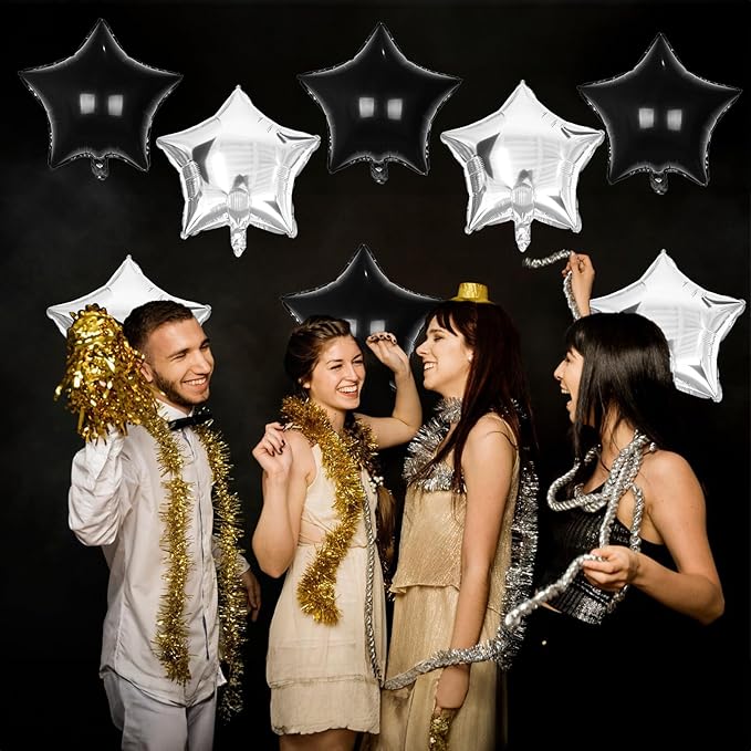 Black Silver Star Foil Balloons, 18 Inch Large Black and Metallic Silver Stars Shape Aluminum Foil Helium Balloon 10 Pcs Pentagram Balloons Party Decor for Birthday Graduation Retirement New Year