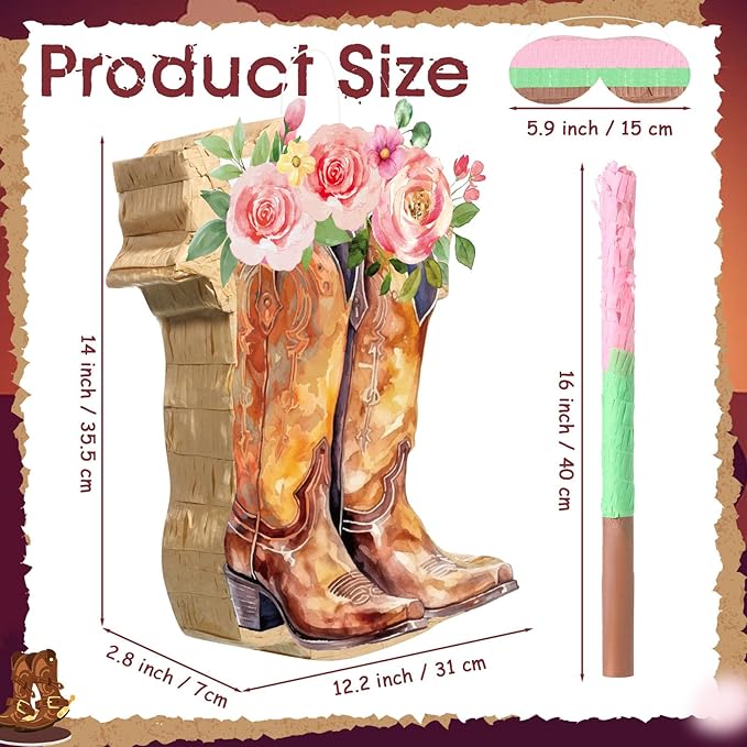 Pajean Cowgirl Boot Piñata Set Cute Western Piñata with Stick Blindfold Photo Prop Gift Holder for Girls Kids Bridal Shower Birthday Baby Shower Horse Racing Party Decoration Supplies