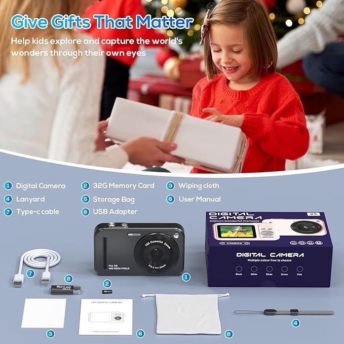 Digital Camera for Kids, 48MP FHD 1080P Point and Shoot Digital Cameras with 16X Zoom Anti-Shake, Compact Portable Cameras for Photography, for Boys Girls Teens Beginners-Glossy Black