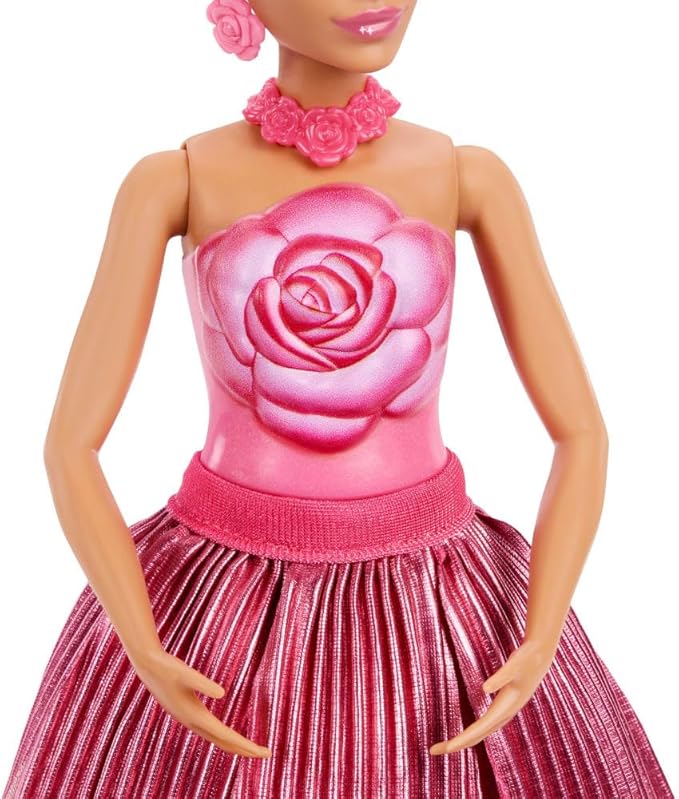 Barbie Petal Pop Scented Doll with Rose Dress & Accessories, Bouquet Reveal with Pet Bunny & Surprises Like Watering Can, Necklace & Earrings