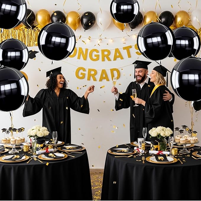 TONIFUL 16Pcs Large Black 4D Giant Round Foil Balloon 4D Mirror Metallic Mylar Sephere Balloons for Christmas New Year Birthday Party Graduation Wedding Baby Shower Decoration Supplies(Mix Sizes)