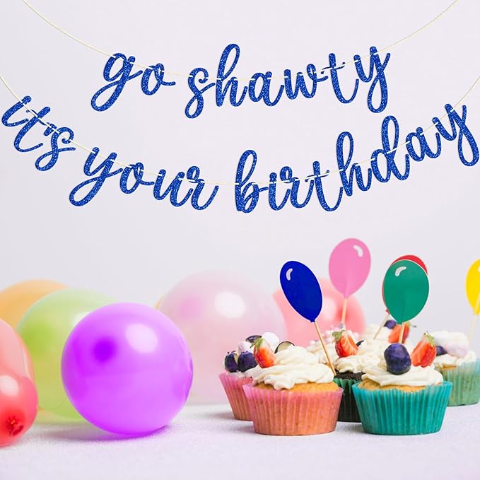 Go Shawty It's Your Birthday Banner, Hip Hop Birthday Party Decorations Supplies, Rap Theme Bday Bunting Sign, Pre-strung, Photo Props (Blue)