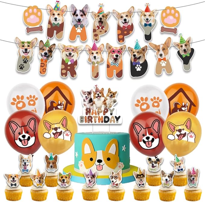 Corgi Birthday Party Decorations Backdrop Banner Photography Background Cute Corgi Theme Banner Balloons Cake Toppers Cupcake Toppers Pet Party Kit For Corgi Dog Birthday Party Supplies Decor