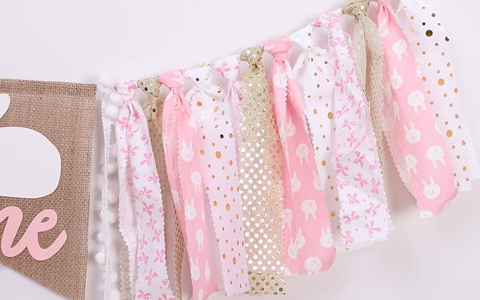 Pink Happy Birthday Banner - 1st Birthday High Chair Banner, Rabbit Themed Photo Props, Princess Party Decorations Supplies for Baby Girl