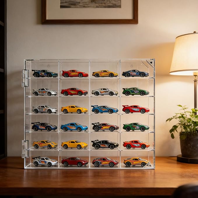 Acrylic Display Case for Hot Wheels 1/64 Scale, 24 Slots Toy Car Display Organizer Wall Mount or Desktop Diecast Model Car Showcase for Matchbox Storage Clear Collectible Model Storage
