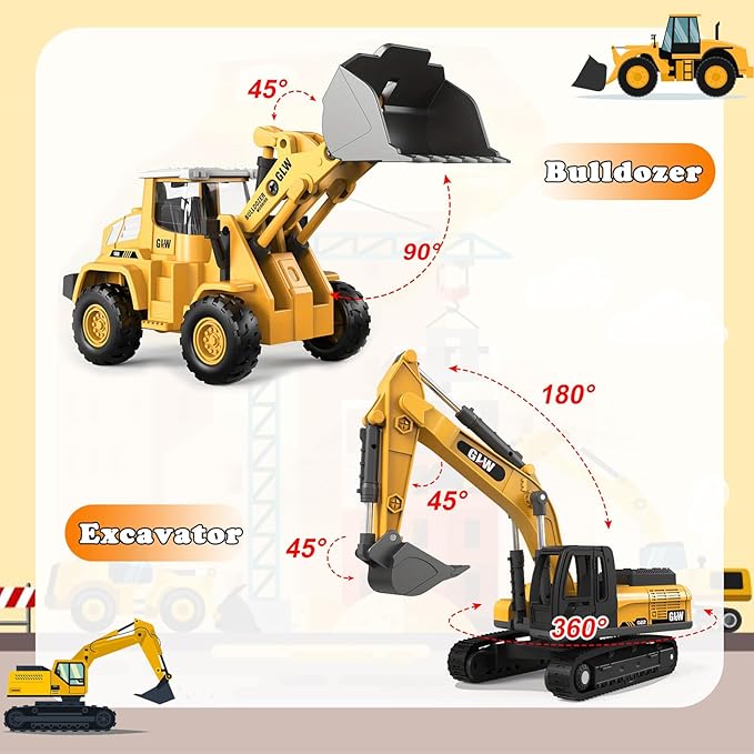 Alloy Die-Cast Construction Vehicles Toys Set w/Semi Truck, Excavator & Bulldozer - Real Lights & Sounds, Movable Parts - Learning Toys Gift for 3-7 Year Old Boys Girls