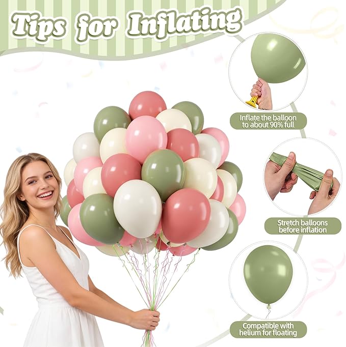 FunHot Sage Green Pink Balloons, 50 Pcs Pink and Green Balloon, 12 Inch Light Yellow Ivory Latex Balloons for Girls Baby Shower Birthday Boho Wedding Gender Reveal Jungle Spring Party Decorations