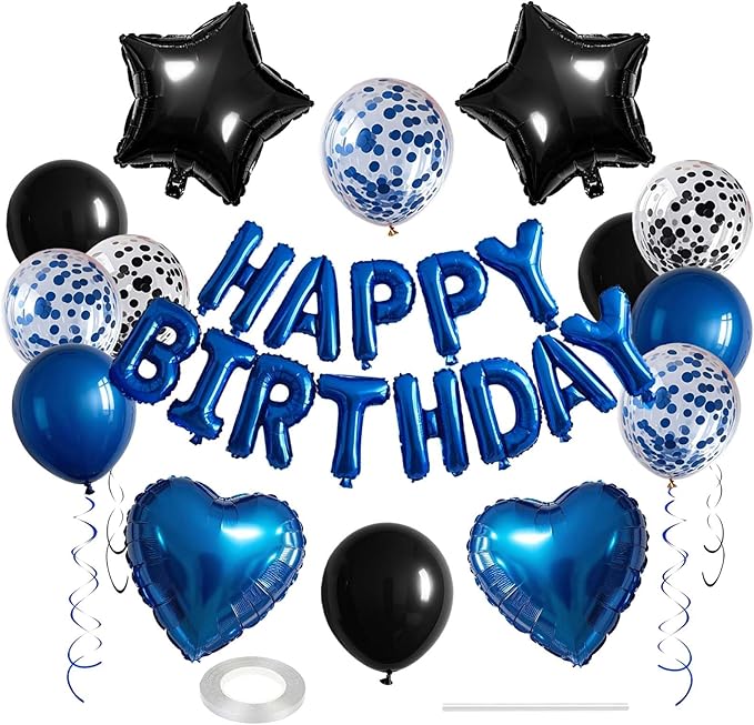 27 Pcs Blue Black Birthday Decorations, 3D Letters Blue Happy Birthday Balloon Banner, Pentagram Heart Foil Balloons Confetti Balloons Kit For Boys Girls Party Supplies