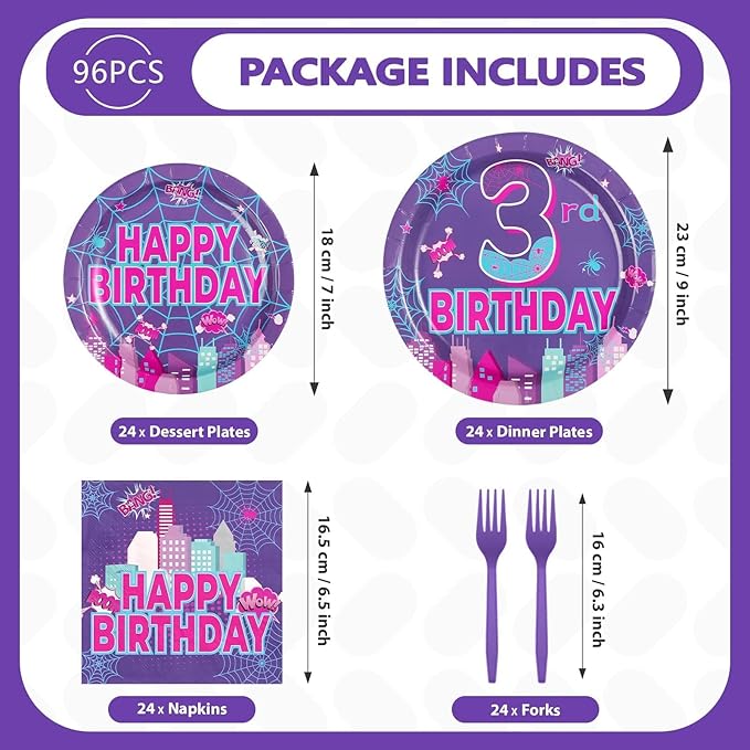 Purple Spider 3rd Birthday Party Decorations Purple Spider Themed Plates and Napkins Cartoon 3rd Decorations for 3 Years Old Boys Girls Kids Birthday Party Supplies