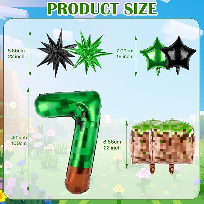 40 Inch Green Pixel Miner Number 7 Balloon Set, 7Pcs MIning Large Foil Balloon Video Game Themed Party Party Decorations for Kids' Anniversary Balloon Party Supplies Supplies
