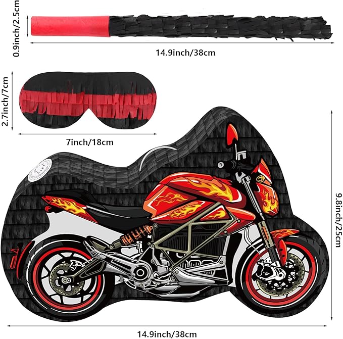 Hooqict Motorcycle Birthday Decorations Motorcycle Car Pinata with Pinata Stick & Blindfold for Kids Boys Racing Car Theme Birthday Party Supplies Decorations