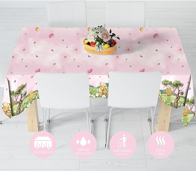 3pcs Party Tablecloth Bear Baby Shower Tablecloths Classic Bear Disposable Thickened Plastic Table Cover for Kids 1st 2rd Baby Party Supplies 54x108Inches (Pink)