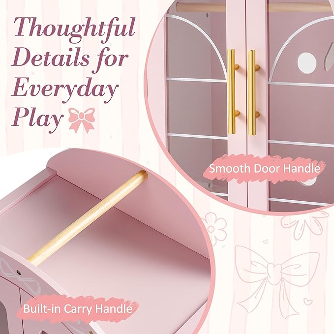 ROBOTIME 18 Inch Doll Closet, Wooden Doll Furniture Wardrobe with Mirror & Hangers, Pink Doll Clothes Storage Armoire, Doll Furniture for 18 Inch Dolls