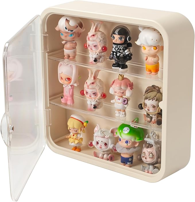 Clear Display Case for Figures, Wall Mounted Clear Display Box, 3 Tiers Adjustable Acrylic Display Box Stand with Magnetic Door for Mini Action Figures Pop Mart Collectibles, Cream