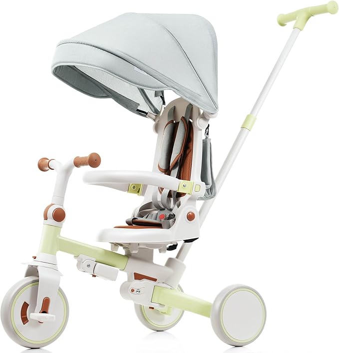 7-in-1 Baby Tricycle with Adjustable Parent Handle - Foldable Toddler Bike w/Removable Canopy & Guardrail, Aluminum Alloy Frame Stroller Bike for 1-6 Years Old (12-72 Months) (Green)