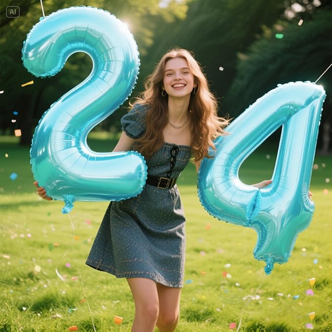 40 Inch Light Blue Number 24 Digital Balloon,Jumbo Mylar Foil Helium Balloon for 24 Balloons for Birthday Party,Wedding Anniversary Party Decorations