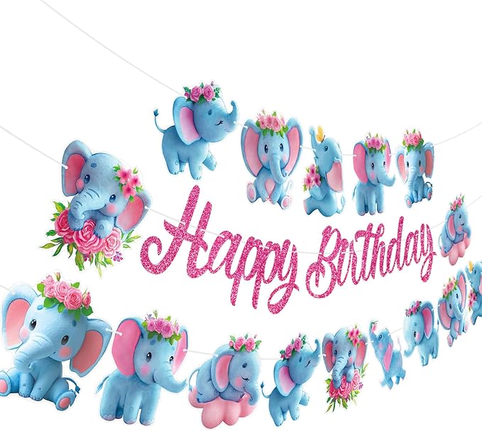 Elephant Party Banners 3Pcs Happy Birthday Garland Jungle Elephant Banners for Boy Girls Theme Baby Shower Birthday Party Supplies