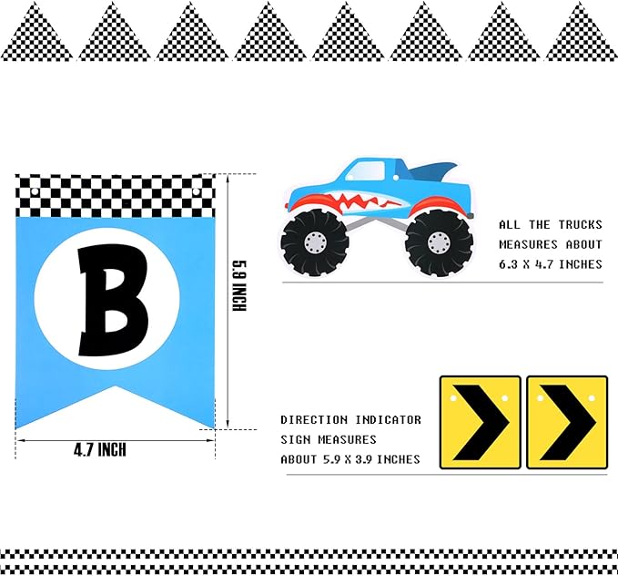 Skylety Monster Truck Birthday Party Supplies Truck Birthday Banner Triangle Bunting Hanging Swirls Multicolor Balloons Honeycomb Table Centerpieces Paper Fans