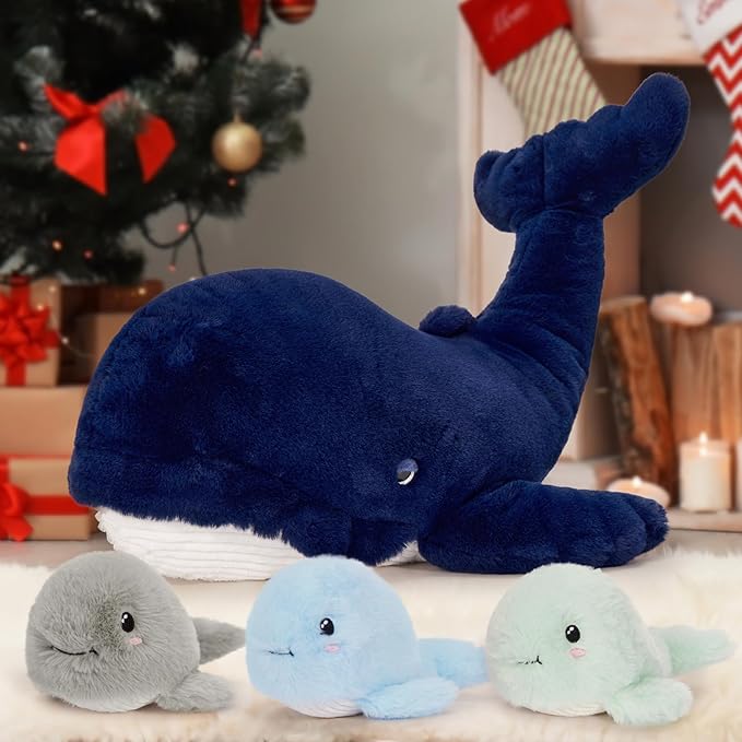 MaoGoLan 4 Pcs Blue Whale Plush Toy with 3 Babies Inside - 20 Inch Giant Stuffed Whale Plush Sea Animals Bulk for Kids Ocean Party Favors Marine Decorations Gifts Christmas Valentine's Day