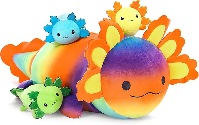 4Pcs Axolotl Plush, Giant Salamander Stuffed Animal Mommy 24 Inch with 3 Babies in Tummy, Cuddly Gifts for Kids Girls Boys